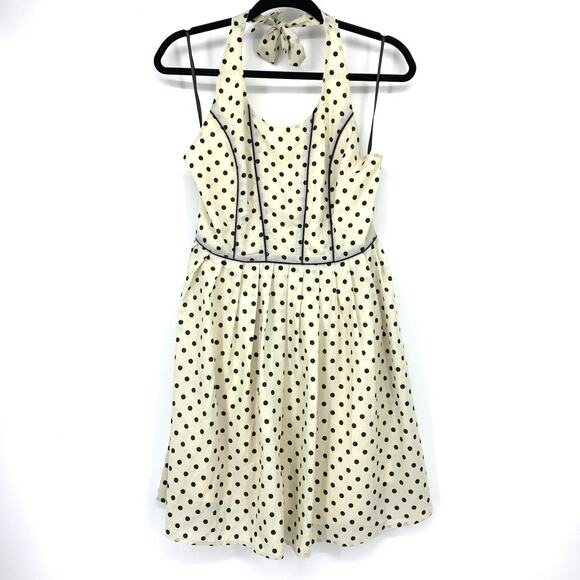 Rhyme Los Angeles Halter Neck Mini Dress Womens Sz M Cream Black Polka Dot - Picture 1 of 6